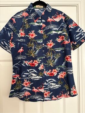 SSLR Navy Floral Flamingo Hawaiian Button-Down Shirt - never worn